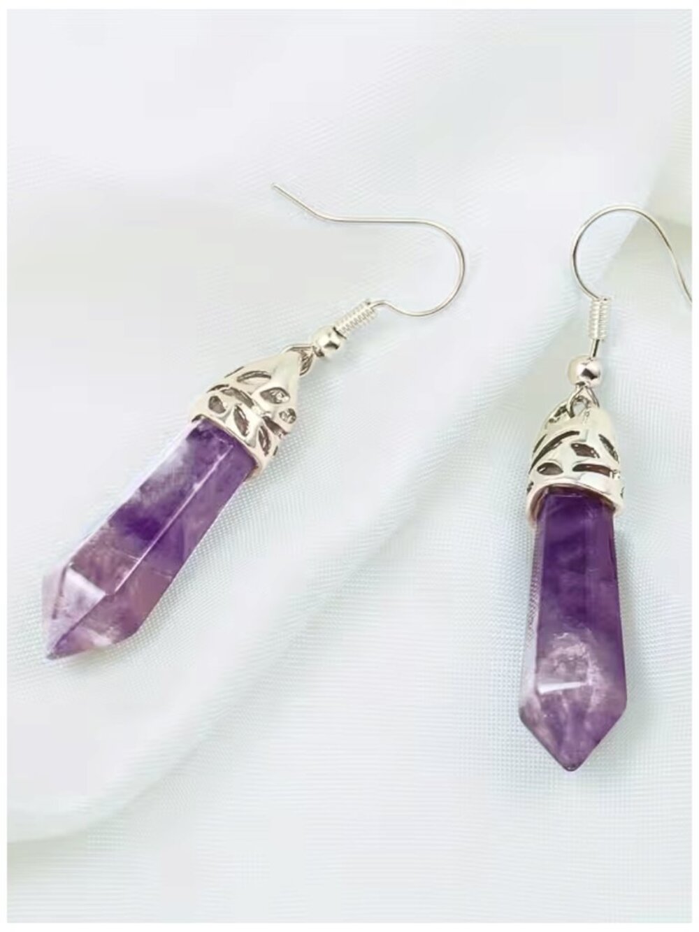 Spiritual Healing Quartz Jewelry Bohemian Amethyst Crystal Point Dangle Earrings - Picture 1 of 6